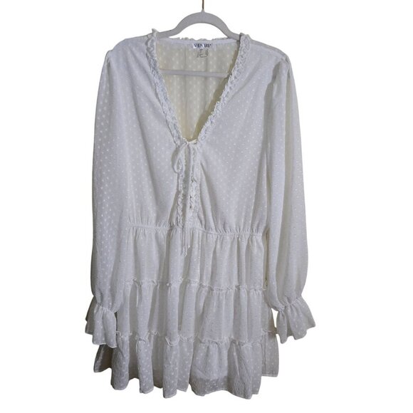 Venus Ruffled Mini Dress Tiered Swiss Dot Balloon Sleeve Bohemian Dress Size XL - Picture 2 of 7